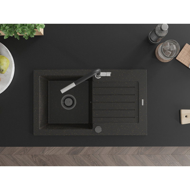 Mexen Pablo granitový dřez 1-komorový s odkapávačem a kuchyňskou baterií Flora, černý/zlatý metalík - 6510-75-670401-07-B