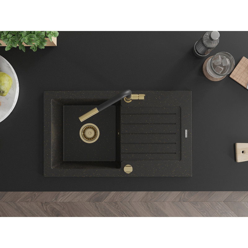 Mexen Pablo granitový dřez s jednou komorou s odkapávačem a kuchyňskou baterií Flora, černý/zlatý metalik - 6510-75-670401-57-G