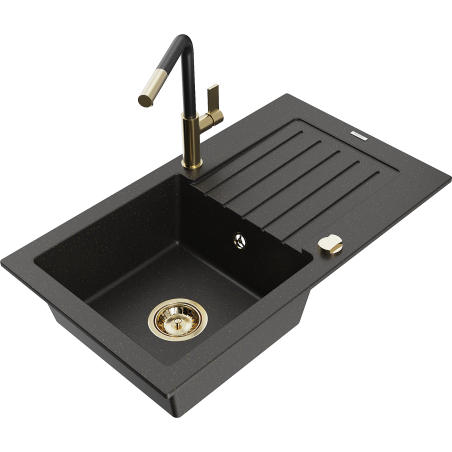 Mexen Pablo granitový dřez s jednou komorou s odkapávačem a kuchyňskou baterií Flora, černý/zlatý metalik - 6510-75-670401-57-G