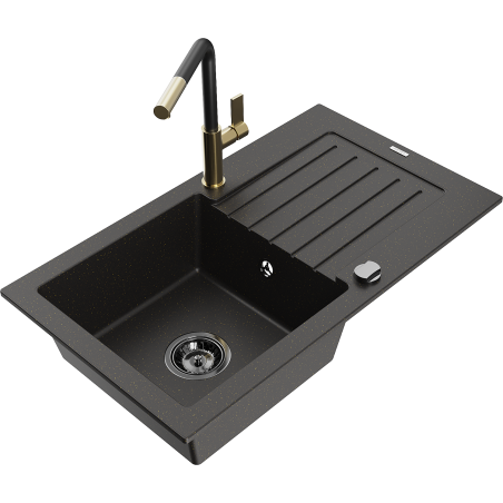 Mexen Pablo granitový dřez s jednou komorou s odkapávačem a kuchyňskou baterií Flora, černá/zlatý metalik