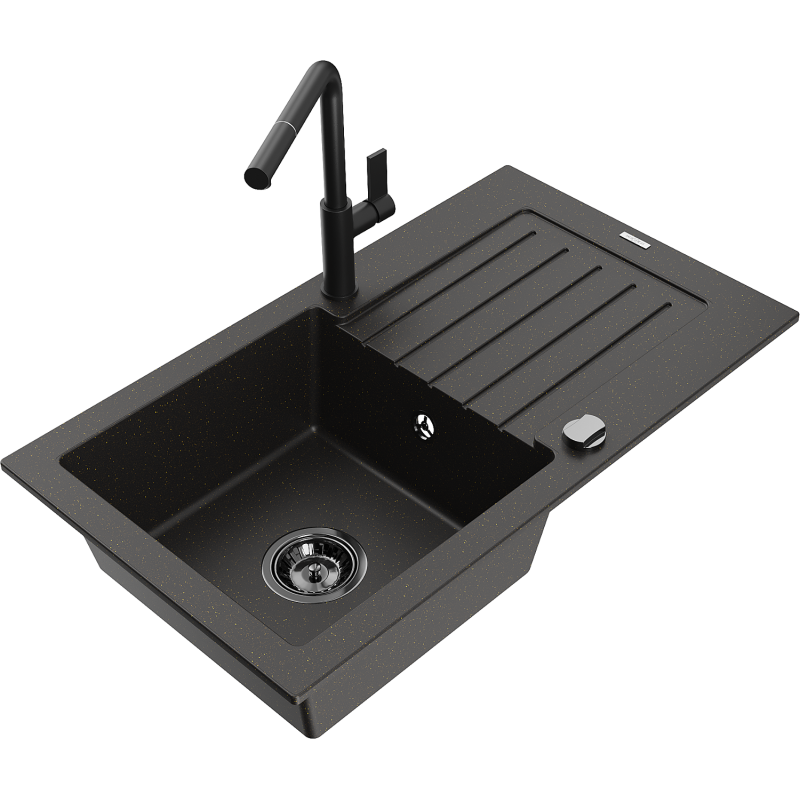 Mexen Pablo žulový dřez 1-komorový s odkapávačem a kuchyňská baterie Flora, černý/zlatý metalik - 6510-75-670401-70-B