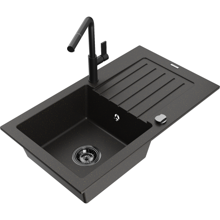 Mexen Pablo žulový dřez 1-komorový s odkapávačem a kuchyňská baterie Flora, černý/zlatý metalik - 6510-75-670401-70-B