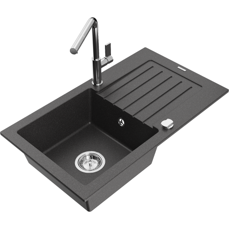 Mexen Pablo granitový dřez 1-komorový s odkapávačem a kuchyňskou baterií Flora, černý tečkovaný - 6510-76-670401-00