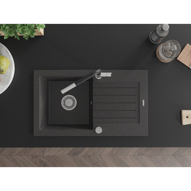 Mexen Pablo granitový jednodřez s odkapem a kuchyňskou baterií Flora, černý kropenatý - 6510-76-670401-07