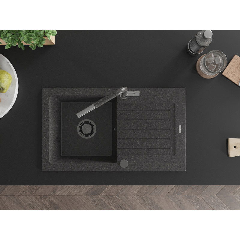 Mexen Pablo granitový dřez 1-komorový s odkapávačem a kuchyňskou baterií Flora, černý tečkovaný - 6510-76-670401-08-B
