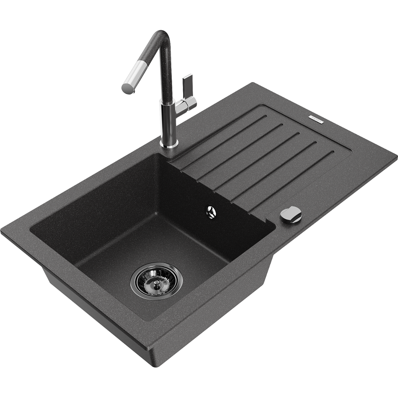 Mexen Pablo granitový dřez 1-komorový s odkapávačem a kuchyňskou baterií Flora, černý tečkovaný - 6510-76-670401-08-B