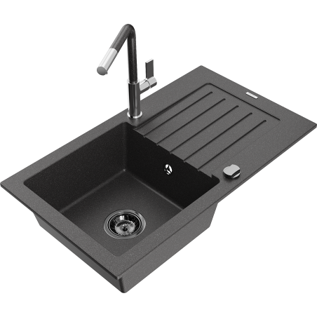 Mexen Pablo granitový dřez 1-komorový s odkapávačem a kuchyňskou baterií Flora, černý tečkovaný - 6510-76-670401-08-B