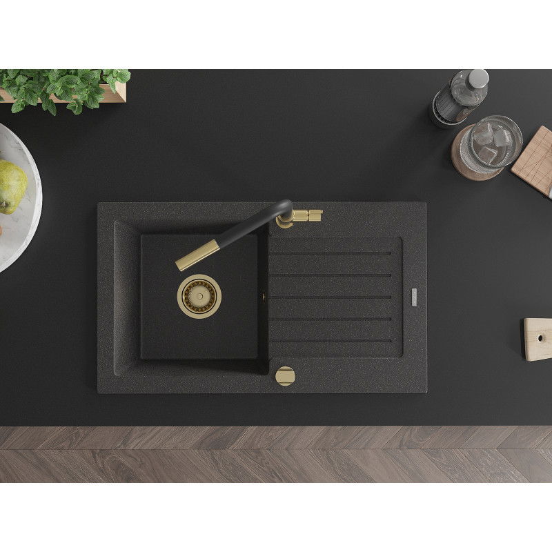 Mexen Pablo granitový dřez s odkapávačem a kuchyňskou baterií Flora, černý tečkovaný - 6510-76-670401-57-G