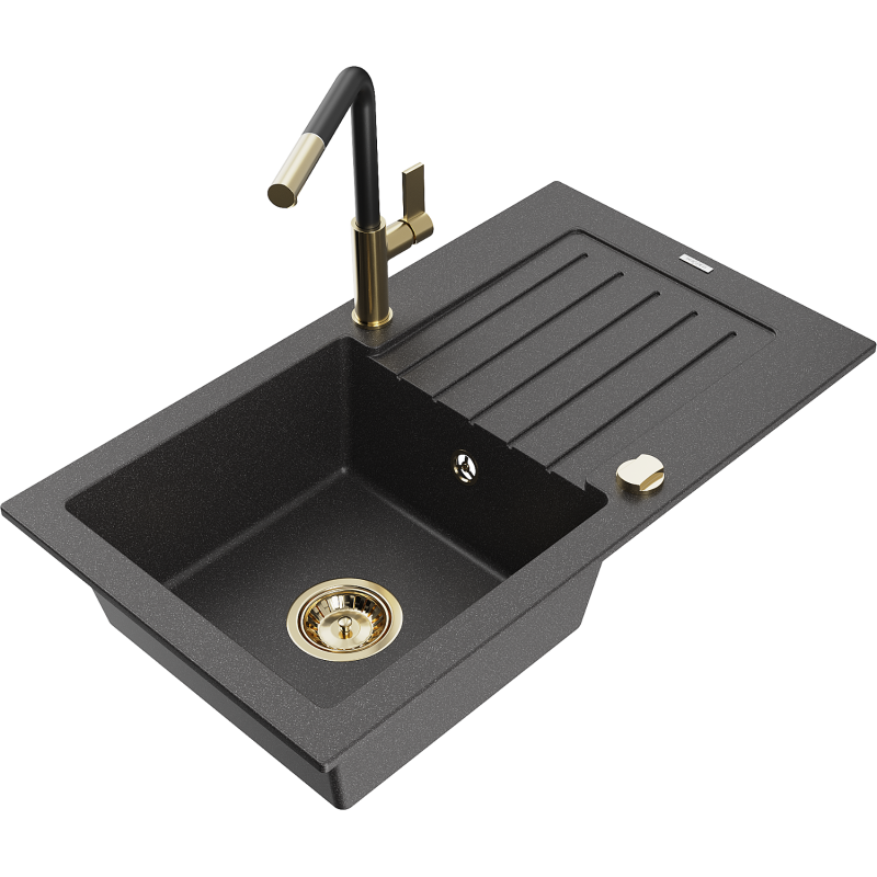 Mexen Pablo granitový dřez s odkapávačem a kuchyňskou baterií Flora, černý tečkovaný - 6510-76-670401-57-G