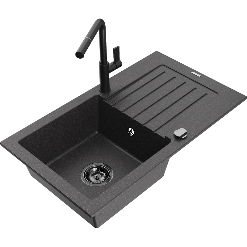 Mexen Pablo žulový dřez s 1 komorou, odkapávačem a kuchyňskou baterií Flora, černý s postříkáním - 6510-76-670401-70-B