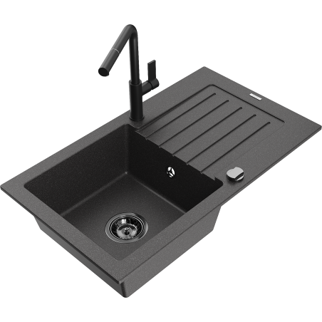 Mexen Pablo žulový dřez s 1 komorou, odkapávačem a kuchyňskou baterií Flora, černý s postříkáním - 6510-76-670401-70-B