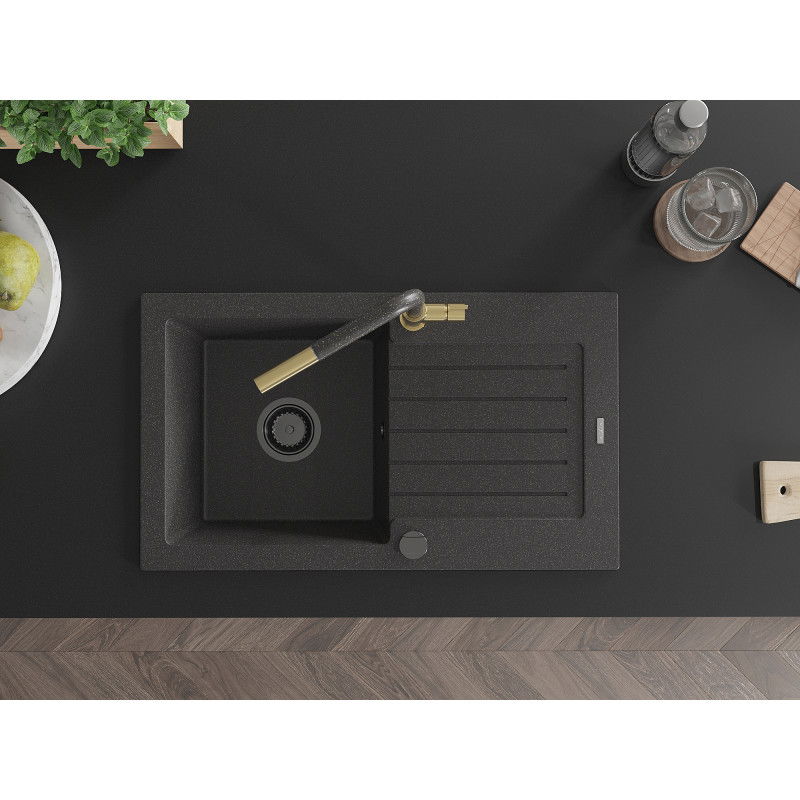 Mexen Pablo žulový dřez s 1 komorou a odkapávačem a kuchyňskou baterií Flora, černý se skvrnami - 6510-76-670401-75-B