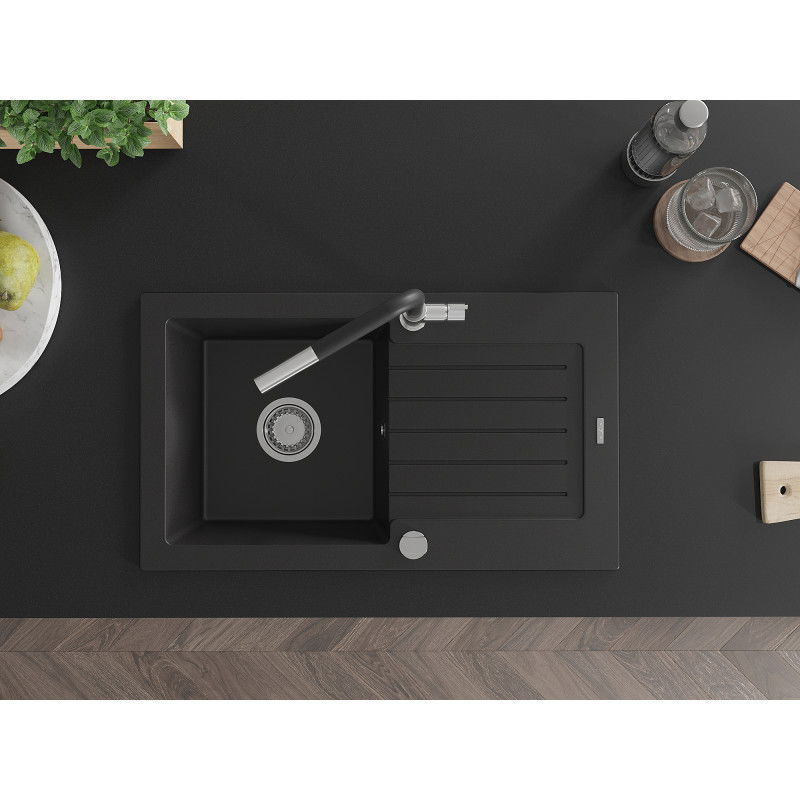 Mexen Pablo granitový dřez s 1 komorou a odkapávačem a kuchyňskou baterií Flora, černý - 6510-77-670401-07