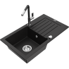 Mexen Pablo granitový dřez s 1 komorou a odkapávačem a kuchyňskou baterií Flora, černý - 6510-77-670401-07