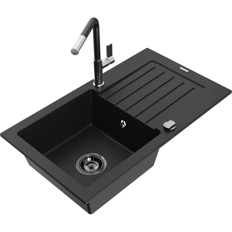 Mexen Pablo granitový dřez 1-komorový s odkapávačem a kuchyňskou baterií Flora, černý - 6510-77-670401-07-B