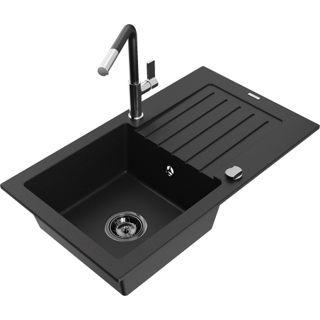 Mexen Pablo granitový dřez 1-komorový s odkapávačem a kuchyňskou baterií Flora, černý - 6510-77-670401-07-B