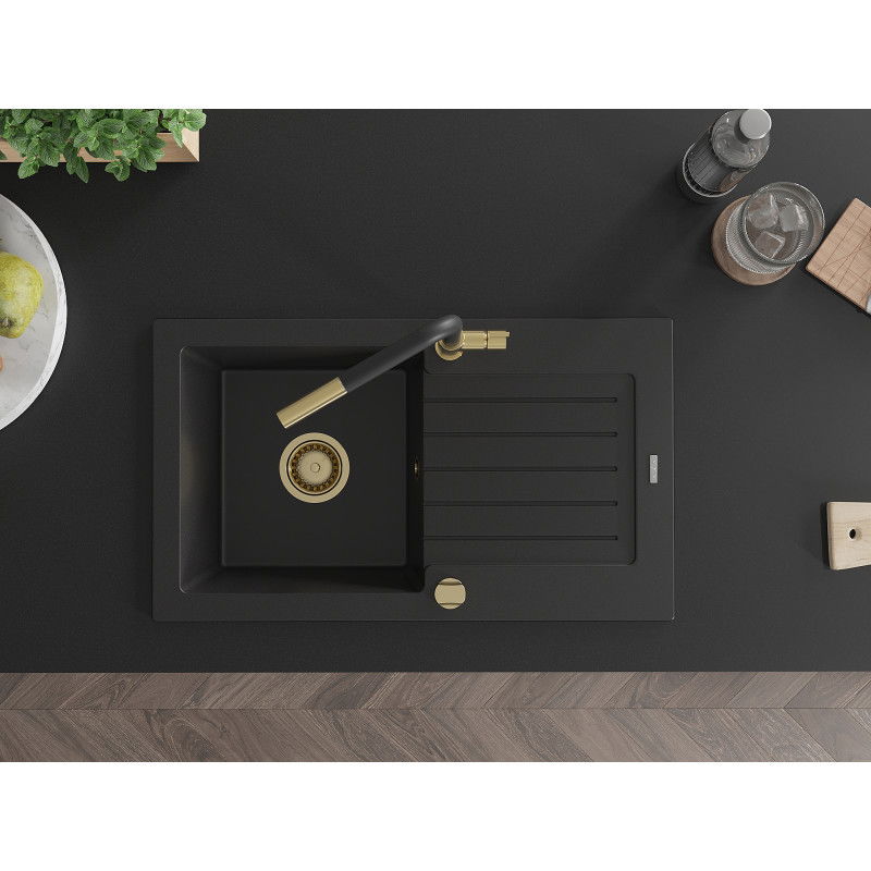 Mexen Pablo granitový dřez 1-komorový s odkapávačem a kuchyňskou baterií Flora, černý - 6510-77-670401-57-G