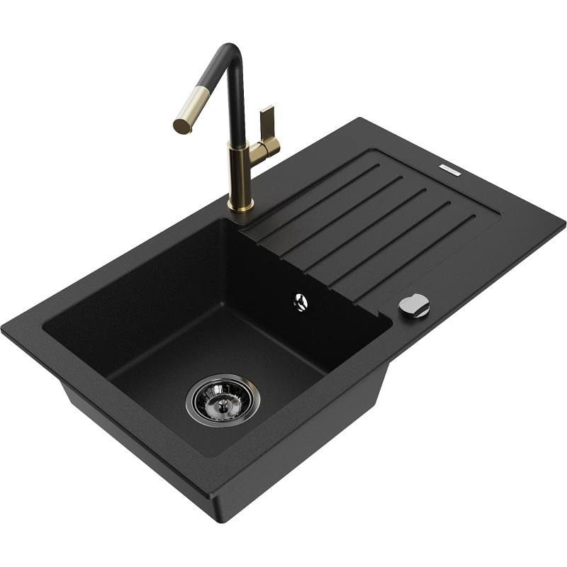 Mexen Pablo granitový dřez 1-komorový s odkapávačem a kuchyňskou baterií Flora, černý - 6510-77-670401-57-B