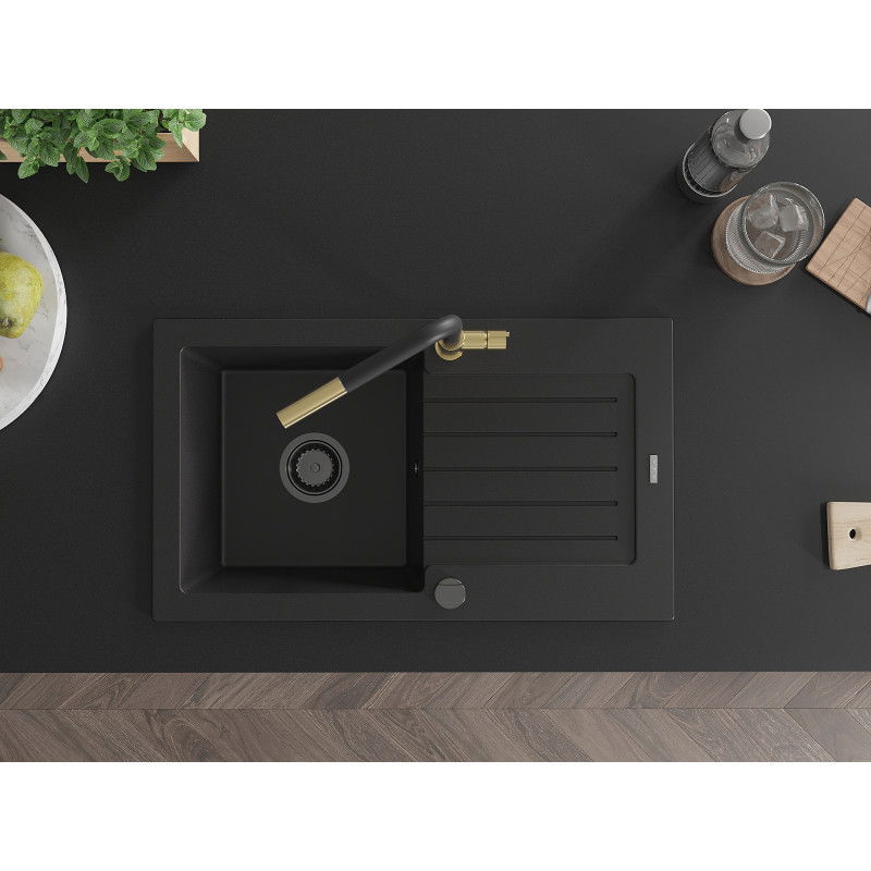 Mexen Pablo granitový dřez s odkapávačem a kuchyňskou baterií Flora, černý - 6510-77-670401-57-B