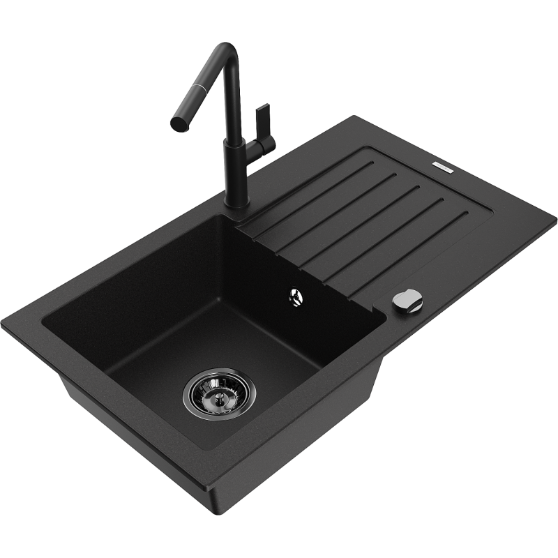Mexen Pablo granitový dřez jednodřez s odkapávačem a kuchyňskou baterií Flora, černý - 6510-77-670401-70-B