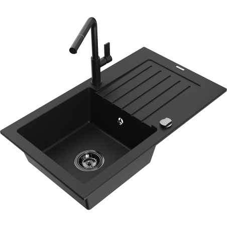 Mexen Pablo granitový dřez jednodřez s odkapávačem a kuchyňskou baterií Flora, černý - 6510-77-670401-70-B