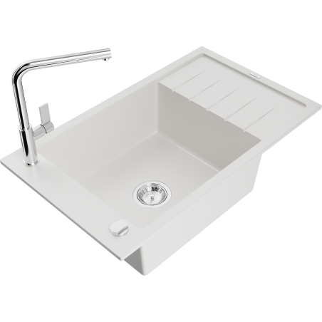 Mexen Elias granitový dřez 1-komorový s odkapávačem a kuchyňskou baterií Flora, bílý - 6511-20-670401-00