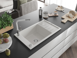 Mexen Elias dřez granitový 1-komorový s odkapávačem a kuchyňskou baterií Flora, bílý - 6511-20-670401-02