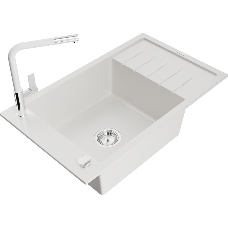 Mexen Elias dřez granitový 1-komorový s odkapávačem a kuchyňskou baterií Flora, bílý - 6511-20-670401-02