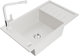 Mexen Elias dřez granitový 1-komorový s odkapávačem a kuchyňskou baterií Flora, bílý - 6511-20-670401-02
