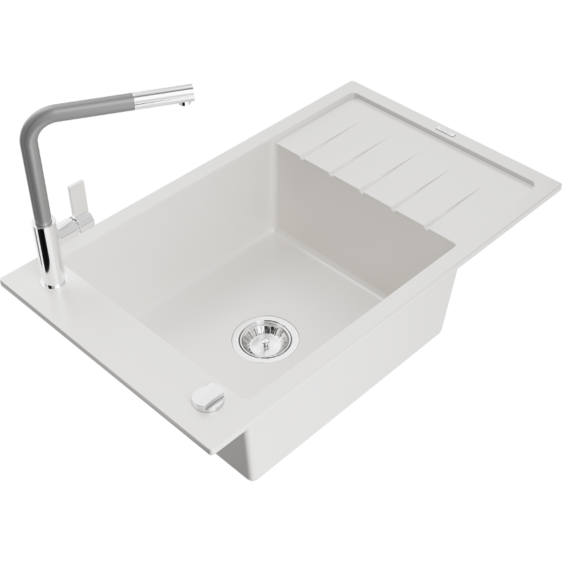Mexen Elias granitový dřez 1-komorový s odkapávačem a kuchyňskou baterií Flora, bílý - 6511-20-670401-06