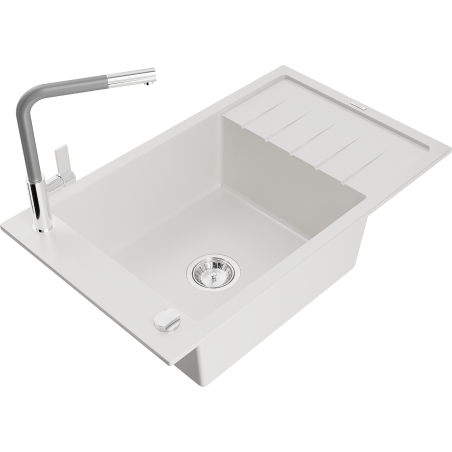 Mexen Elias granitový dřez 1-komorový s odkapávačem a kuchyňskou baterií Flora, bílý - 6511-20-670401-06
