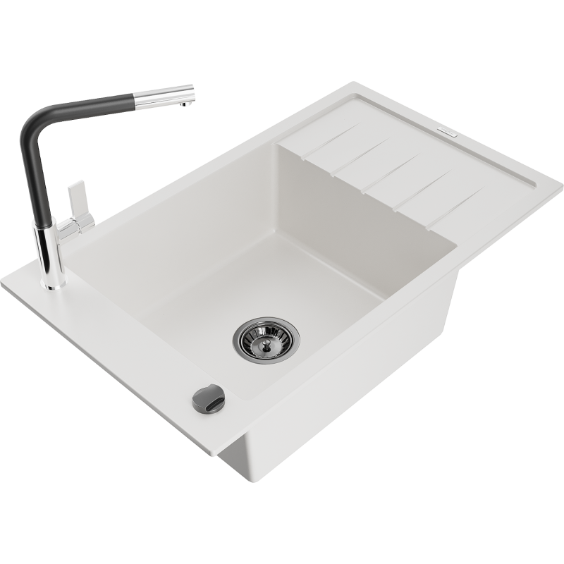 Mexen Elias granitový dřez 1-komorový s odkapávačem a kuchyňskou baterií Flora, bílý - 6511-20-670401-07-B
