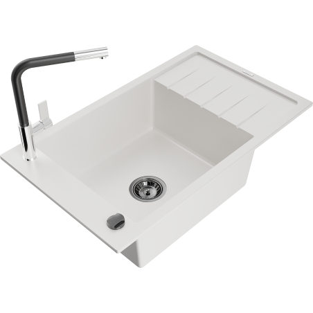 Mexen Elias granitový dřez 1-komorový s odkapávačem a kuchyňskou baterií Flora, bílý - 6511-20-670401-07-B