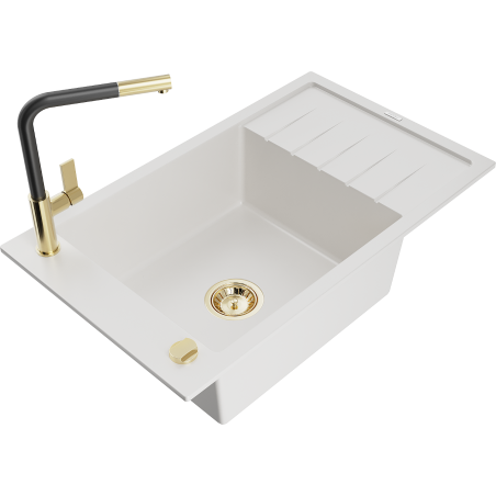 Mexen Elias granitový kuchyňský dřez s 1 komorou s odkapávačem a kuchyňskou baterií Flora, bílý - 6511-20-670401-57-G