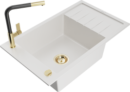 Mexen Elias granitový kuchyňský dřez s 1 komorou s odkapávačem a kuchyňskou baterií Flora, bílý - 6511-20-670401-57-G