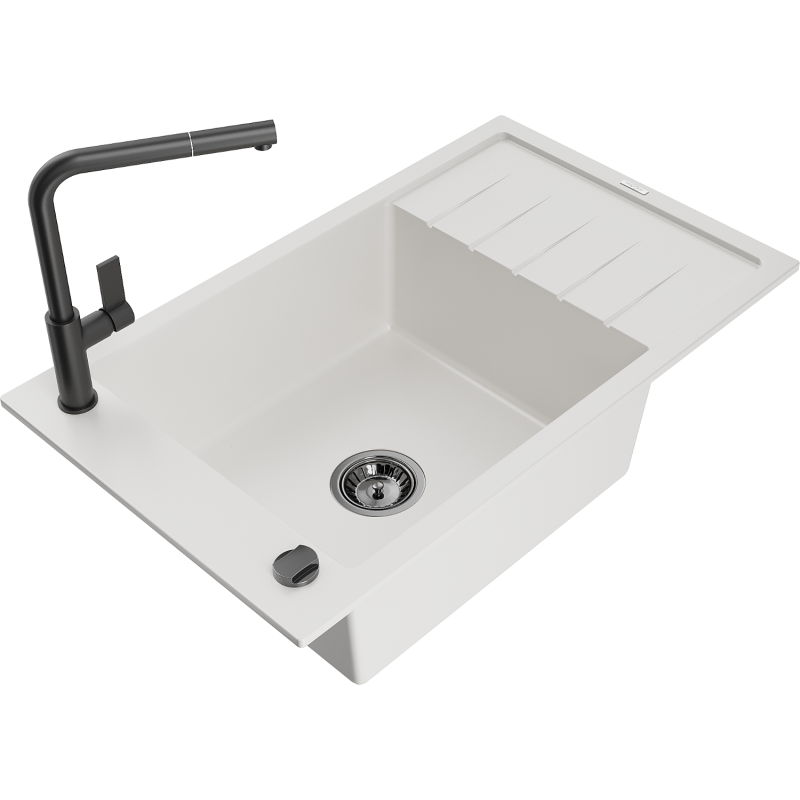 Mexen Elias granitový dřez 1-komorový s odkapávačem a kuchyňskou baterií Flora, bílý - 6511-20-670401-70-B