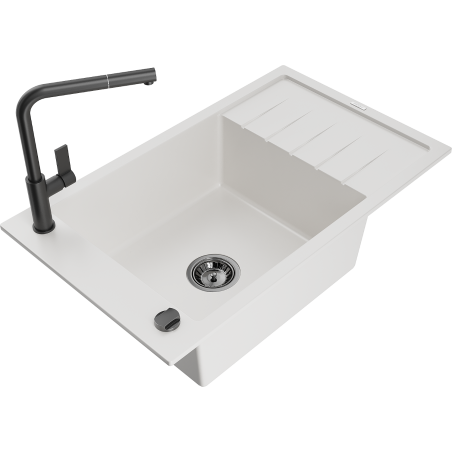 Mexen Elias granitový dřez 1-komorový s odkapávačem a kuchyňskou baterií Flora, bílý - 6511-20-670401-70-B