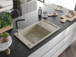 Mexen Elias granitový kuchyňský dřez s 1 komu a odkapávačem a baterií Flora, béžová - 6511-69-670401-07