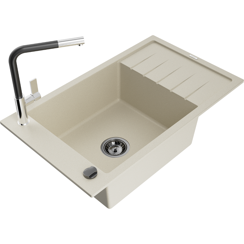 Mexen Elias granitový kuchyňský dřez s 1 komu a odkapávačem a baterií Flora, béžová - 6511-69-670401-07