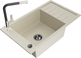Mexen Elias granitový kuchyňský dřez s 1 komu a odkapávačem a baterií Flora, béžová - 6511-69-670401-07