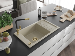 Mexen Elias granitový dřez 1-komorový s odkapávačem a kuchyňská baterie Flora, béžový - 6511-69-670401-57-G