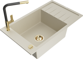 Mexen Elias granitový dřez 1-komorový s odkapávačem a kuchyňská baterie Flora, béžový - 6511-69-670401-57-G