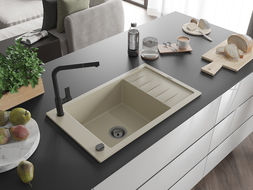 Mexen Elias granitový dřez 1-komorový s odkapávačem a kuchyňskou baterií Flora, béžový - 6511-69-670401-70-B
