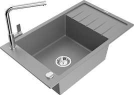 Mexen Elias žulový dřez s 1 komorou a odkapávačem a kuchyňskou baterií Flora, šedý - 6511-71-670401-00