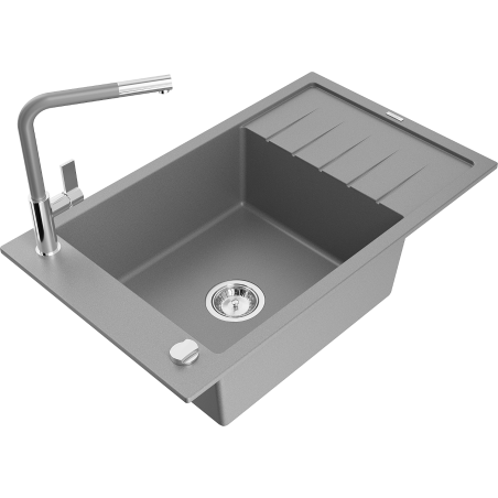 Mexen Elias jednokomorový žulový dřez s odkapávačem a kuchyňskou baterií Flora, šedý - 6511-71-670401-06
