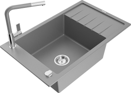 Mexen Elias jednokomorový žulový dřez s odkapávačem a kuchyňskou baterií Flora, šedý - 6511-71-670401-06