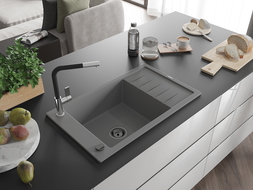 Mexen Elias granitový dřez 1-komorový s odkapávačem a kuchyňskou baterií Flora, šedý - 6511-71-670401-07-B