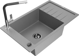 Mexen Elias granitový dřez 1-komorový s odkapávačem a kuchyňskou baterií Flora, šedý - 6511-71-670401-07-B
