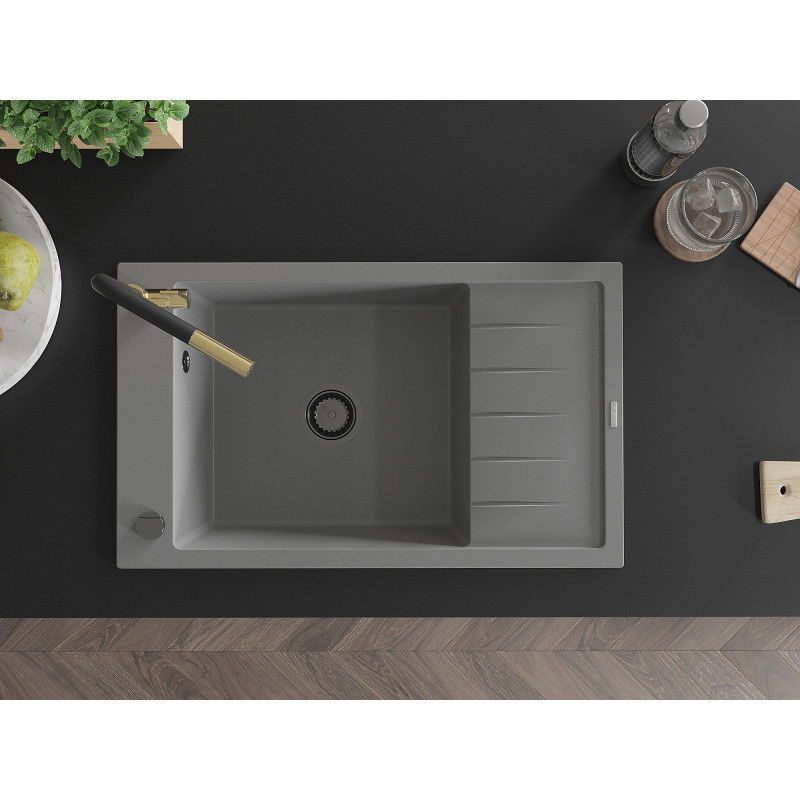 Mexen Elias granitový dřez 1-komorový s odkapávačem a kuchyňskou baterií Flora, šedý - 6511-71-670401-57-B