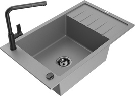Mexen Elias granitový dřez 1-komorový s odkapávačem a kuchyňskou baterií Flora, šedý - 6511-71-670401-70-B